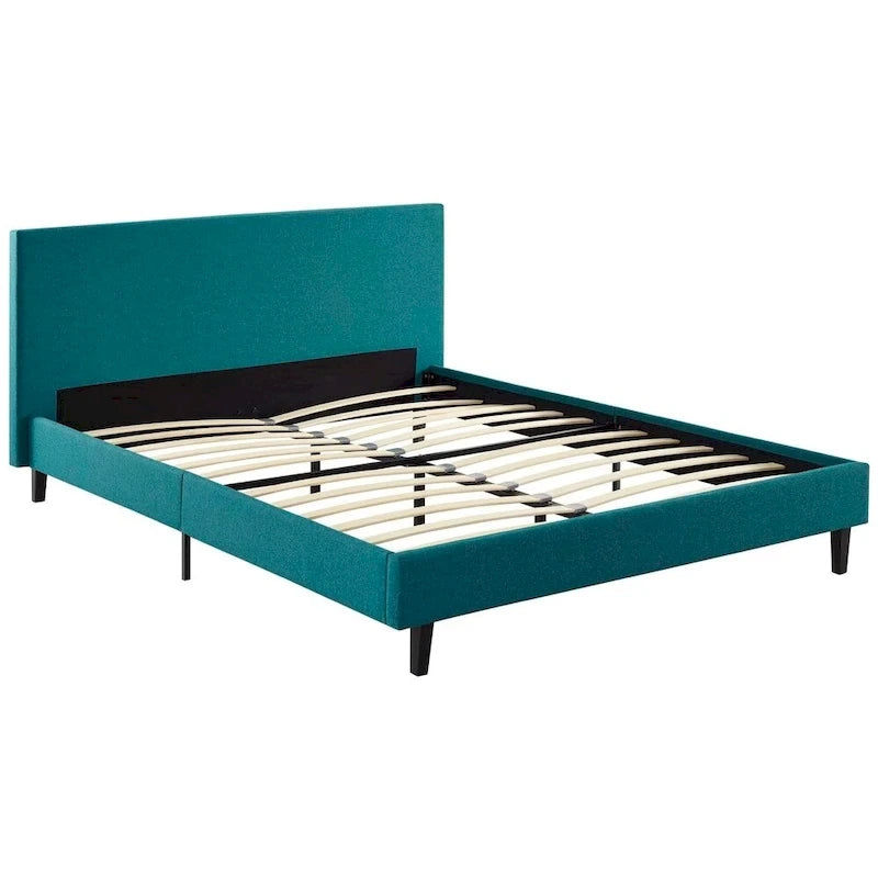 Letto a piattaforma Queen imbottito in lino – Bianco / Verde acqua / Beige, 2 posti letto