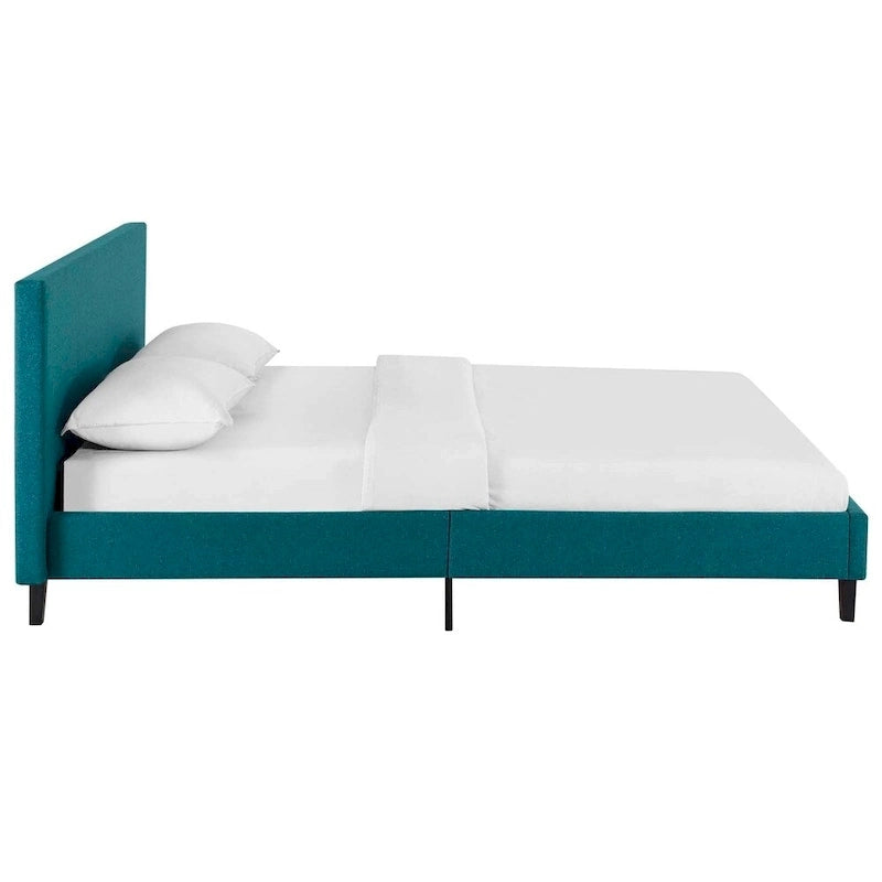 Letto a piattaforma Queen imbottito in lino – Bianco / Verde acqua / Beige, 2 posti letto