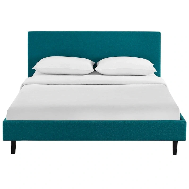 Letto a piattaforma Queen imbottito in lino – Bianco / Verde acqua / Beige, 2 posti letto