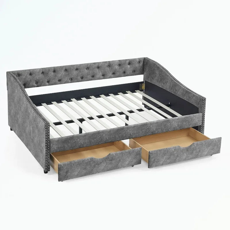 Divano letto trapuntato grigio/beige con 2 cassetti, matrimoniale, 1 persona