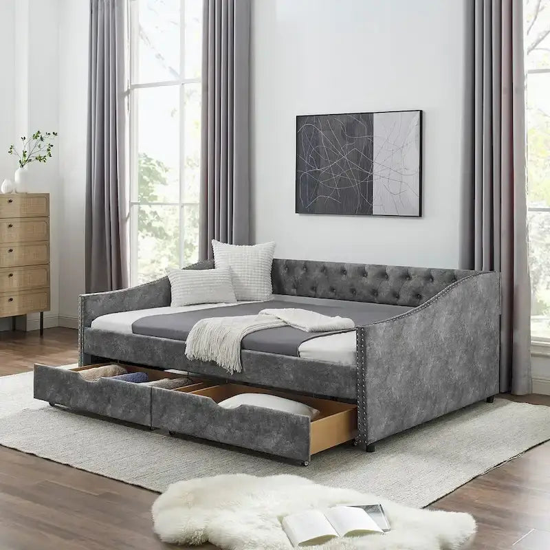 Divano letto trapuntato grigio/beige con 2 cassetti, matrimoniale, 1 persona