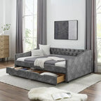 Divano letto trapuntato grigio/beige con 2 cassetti, matrimoniale, 1 persona
