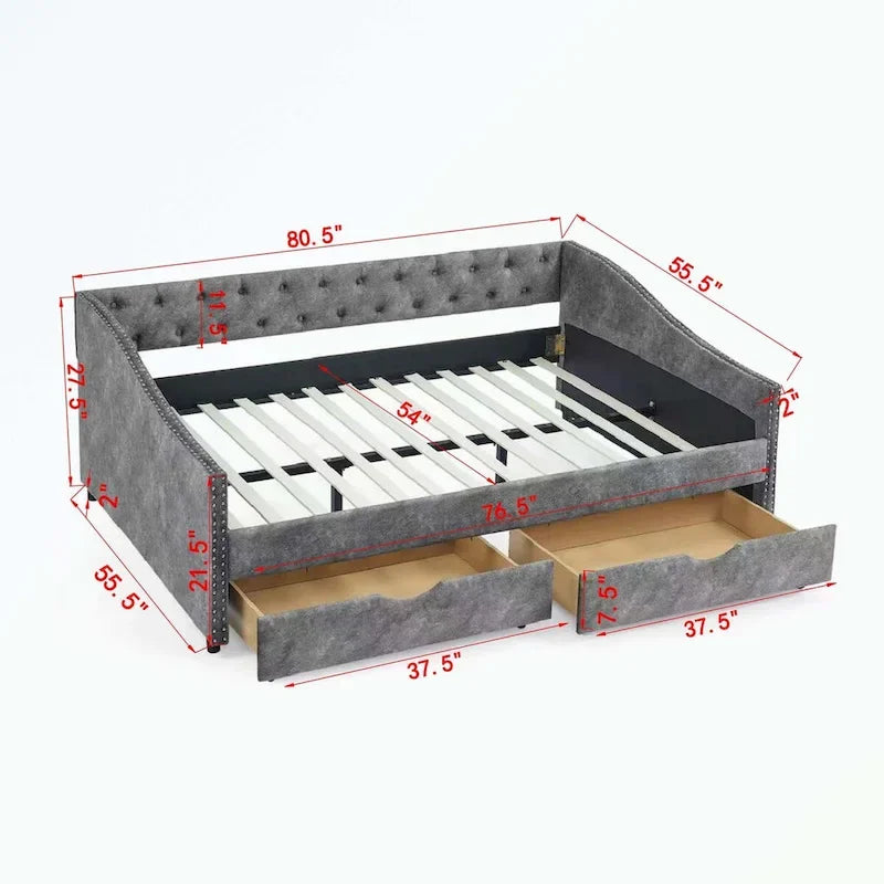 Divano letto trapuntato grigio/beige con 2 cassetti, matrimoniale, 1 persona