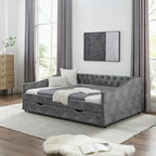 Divano letto trapuntato grigio/beige con 2 cassetti, matrimoniale, 1 persona