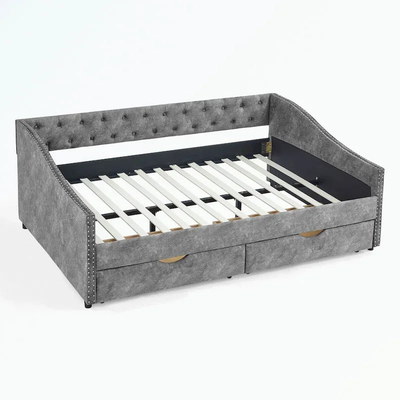 Divano letto trapuntato grigio/beige con 2 cassetti, matrimoniale, 1 persona