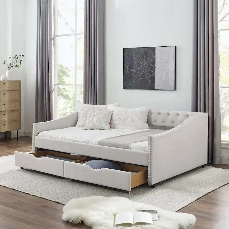 Divano letto trapuntato grigio/beige con 2 cassetti, matrimoniale, 1 persona