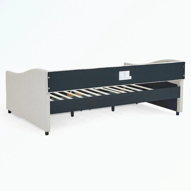 Divano letto trapuntato grigio/beige con 2 cassetti, matrimoniale, 1 persona
