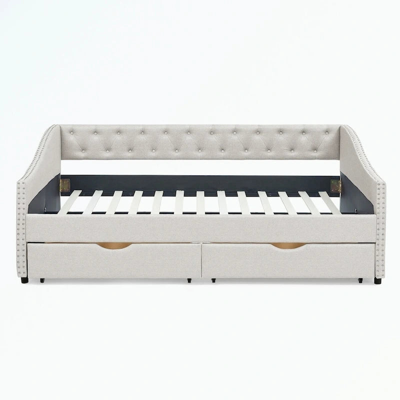 Divano letto trapuntato grigio/beige con 2 cassetti, matrimoniale, 1 persona