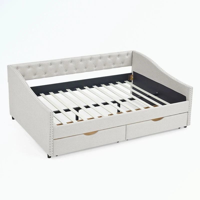 Divano letto trapuntato grigio/beige con 2 cassetti, matrimoniale, 1 persona