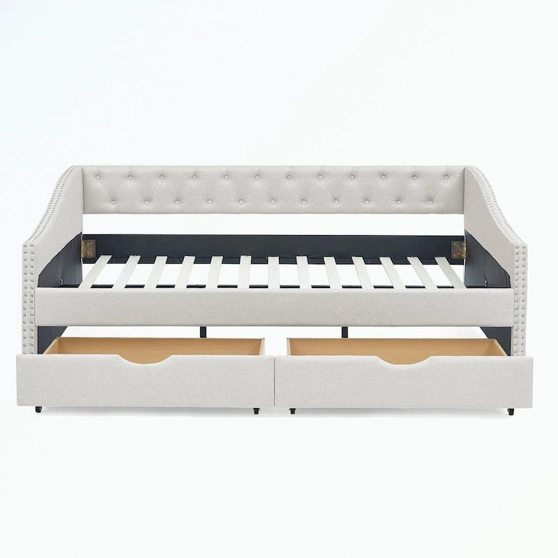 Divano letto trapuntato grigio/beige con 2 cassetti, matrimoniale, 1 persona