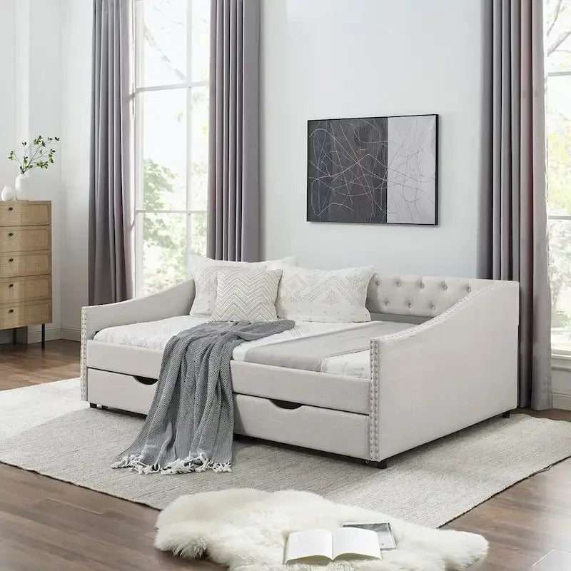 Divano letto trapuntato grigio/beige con 2 cassetti, matrimoniale, 1 persona