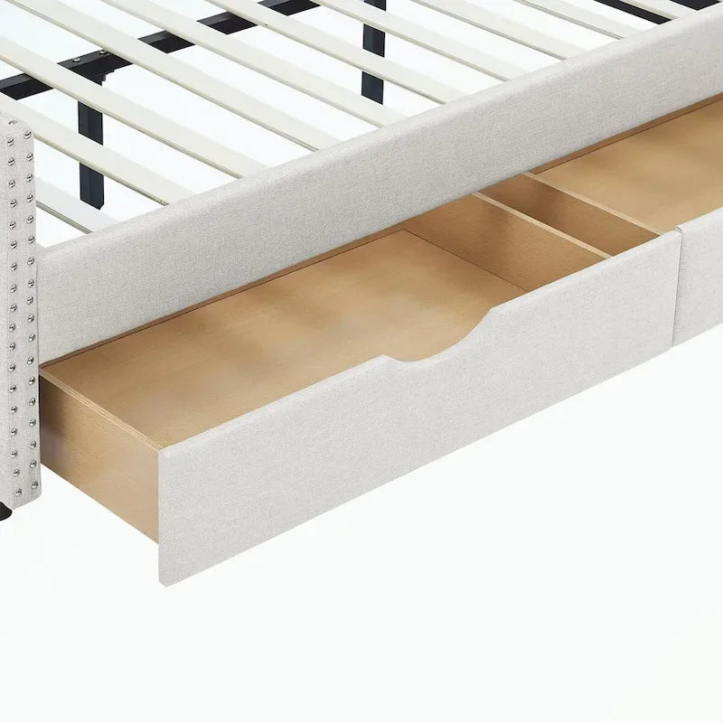Divano letto trapuntato grigio/beige con 2 cassetti, matrimoniale, 1 persona