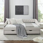 Divano letto trapuntato grigio/beige con 2 cassetti, matrimoniale, 1 persona