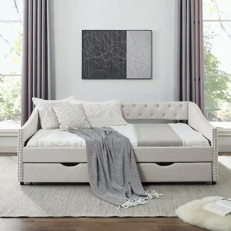 Divano letto trapuntato grigio/beige con 2 cassetti, matrimoniale, 1 persona