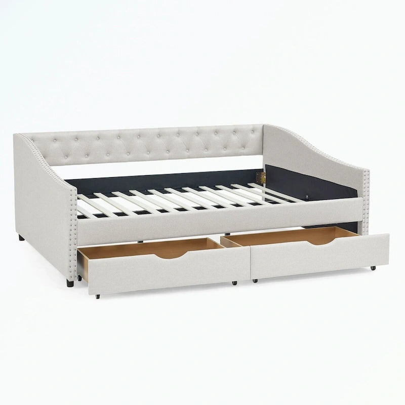 Divano letto trapuntato grigio/beige con 2 cassetti, matrimoniale, 1 persona