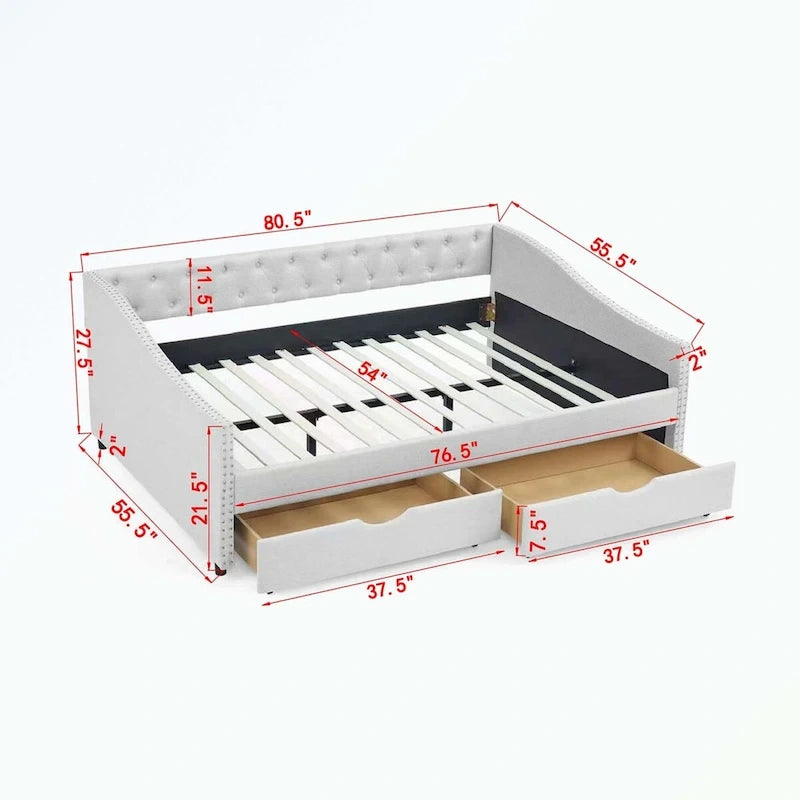 Divano letto trapuntato grigio/beige con 2 cassetti, matrimoniale, 1 persona