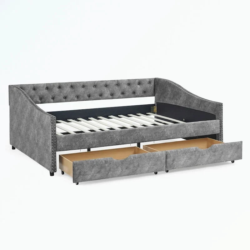 Divano letto trapuntato grigio/beige con 2 cassetti, matrimoniale, 1 persona