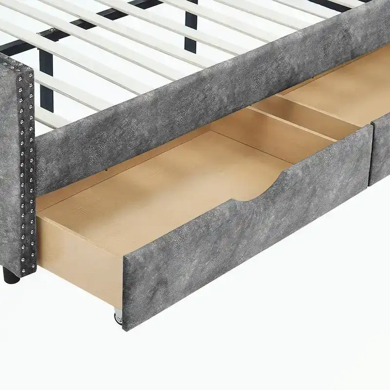 Divano letto trapuntato grigio/beige con 2 cassetti, matrimoniale, 1 persona