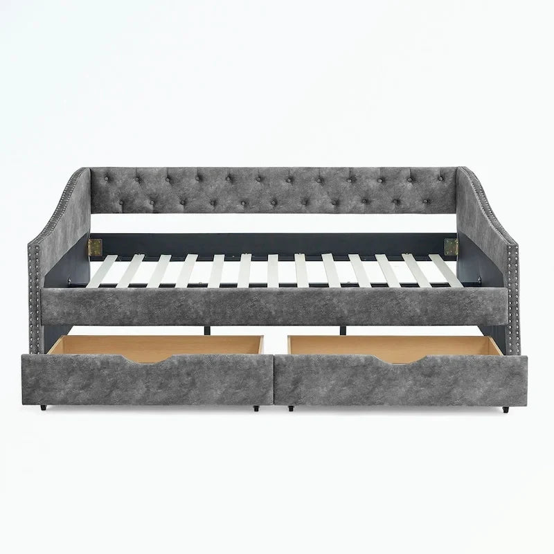 Divano letto trapuntato grigio/beige con 2 cassetti, matrimoniale, 1 persona