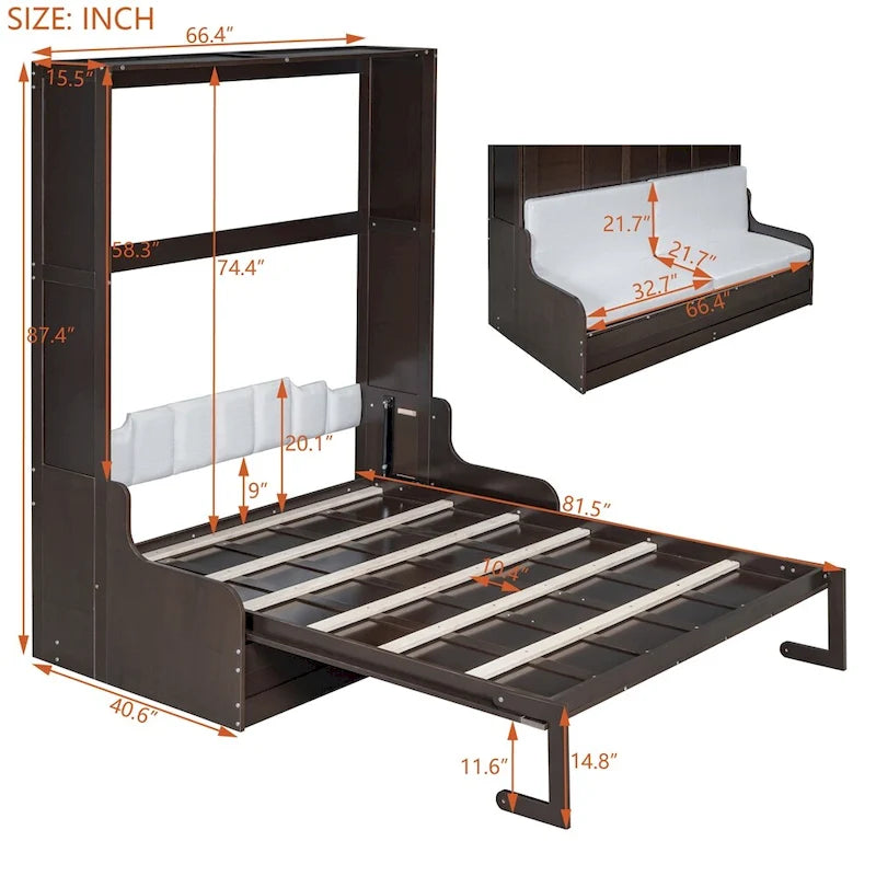Letto a scomparsa matrimoniale/queen, bianco/grigio/espresso, con cuscino per sedia, 1 posto letto
