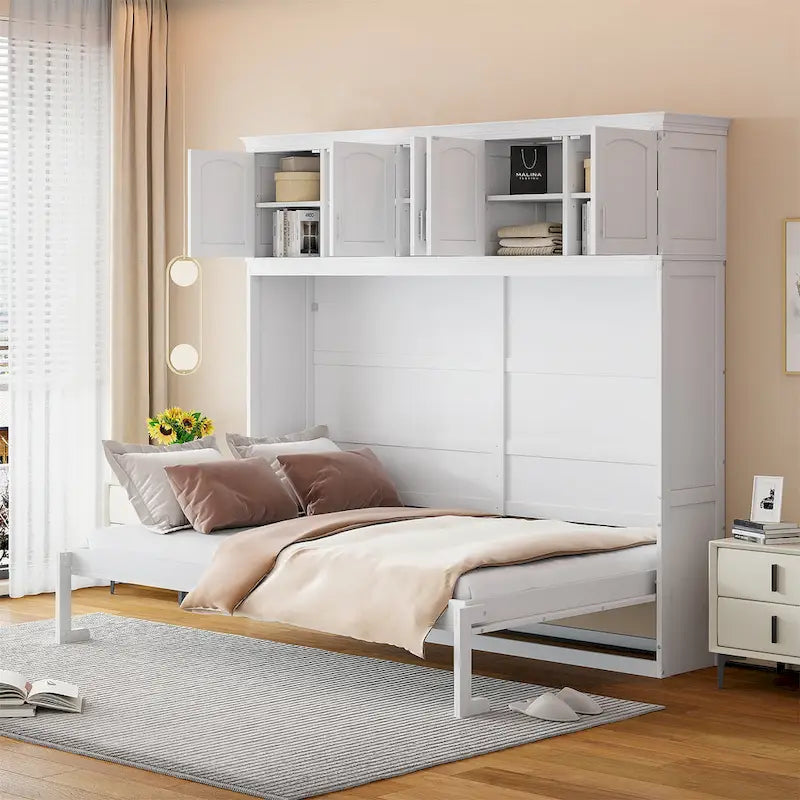 Letto a scomparsa matrimoniale/queen size bianco/grigio con armadietti superiori, si ripiega piatto, può ospitare 1-2 persone