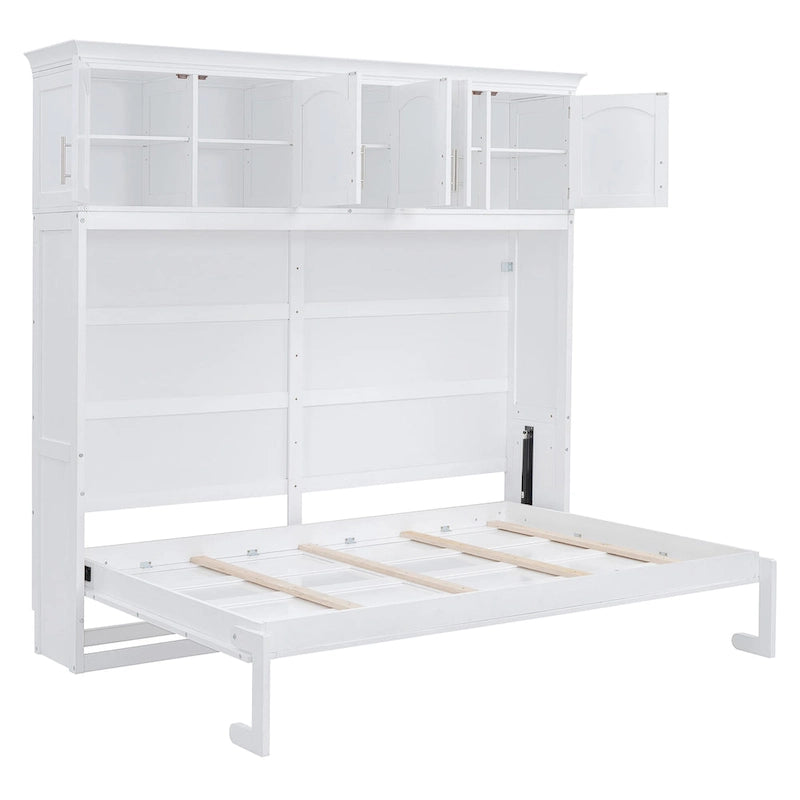 Letto a scomparsa matrimoniale/queen size bianco/grigio con armadietti superiori, si ripiega piatto, può ospitare 1-2 persone