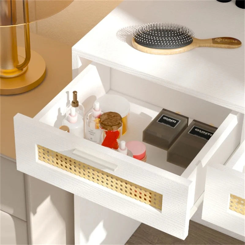 Scrivania bianca da trucco con specchio LED, 4 cassetti e armadietto, 1 persona