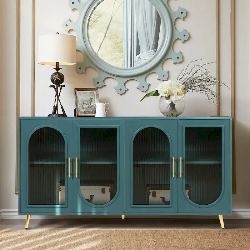 Credenza blu navy a 4 ante in vetro smerigliato con ripiani regolabili