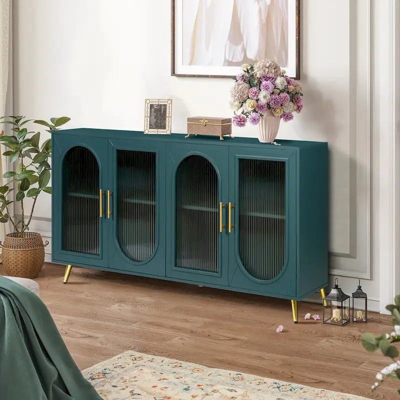 Credenza blu navy a 4 ante in vetro smerigliato con ripiani regolabili