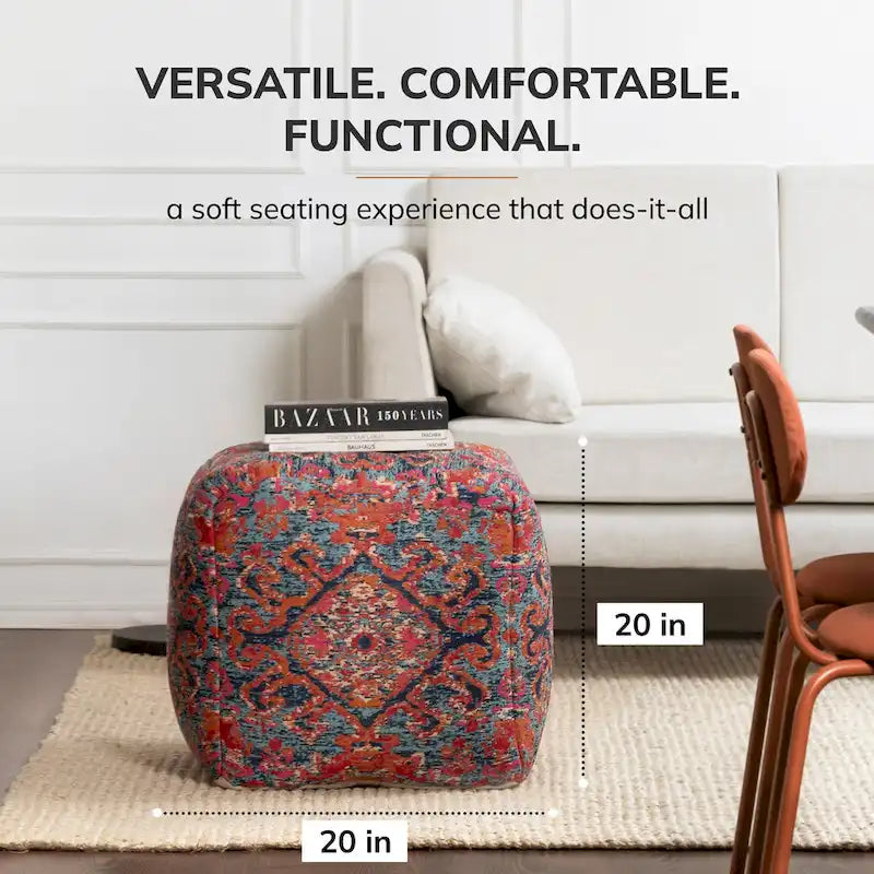 Pouf poggiapiedi/seduta extra quadrato, motivo jacquard multicolore rosso, per 1 persona