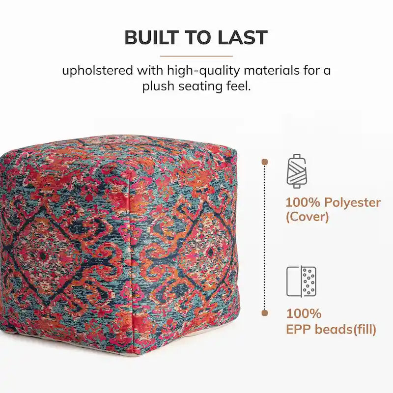 Pouf poggiapiedi/seduta extra quadrato, motivo jacquard multicolore rosso, per 1 persona