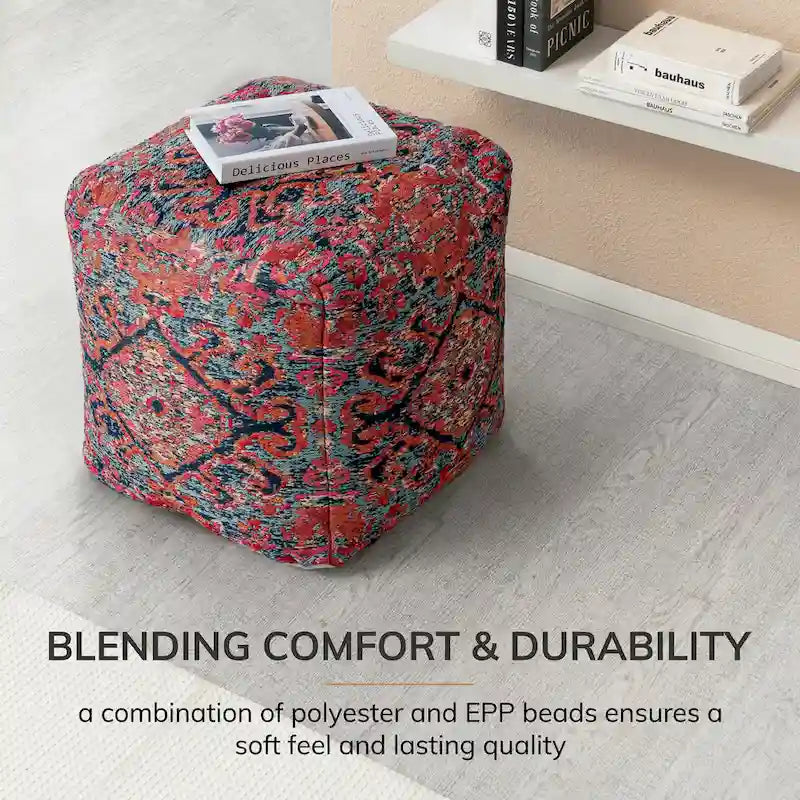 Pouf poggiapiedi/seduta extra quadrato, motivo jacquard multicolore rosso, per 1 persona
