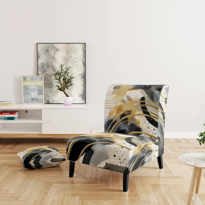 Poltrona singola imbottita con fantasia astratta oro blu nero