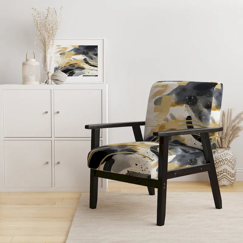 Poltrona singola imbottita con fantasia astratta oro blu nero