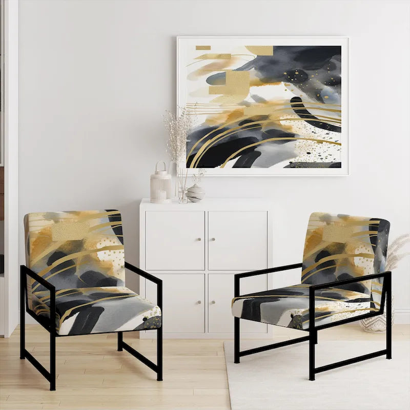Poltrona singola imbottita con fantasia astratta oro blu nero