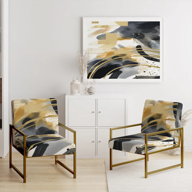 Poltrona singola imbottita con fantasia astratta oro blu nero