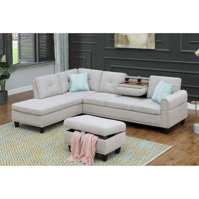 Divano sezionale a L bianco/beige, angolare sinistro, con penisola e pouf, 3-4 posti