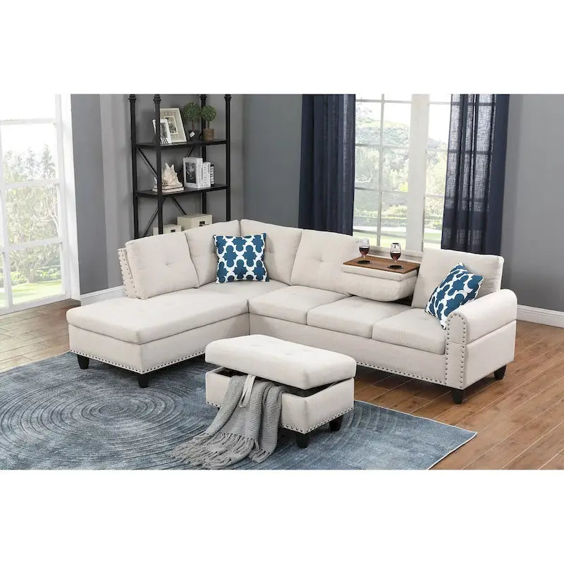 Divano sezionale a L bianco/beige, angolare sinistro, con penisola e pouf, 3-4 posti