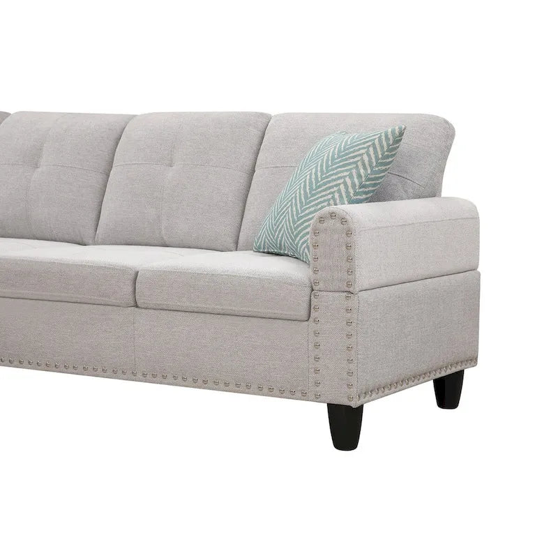 Divano sezionale a L bianco/beige, angolare sinistro, con penisola e pouf, 3-4 posti