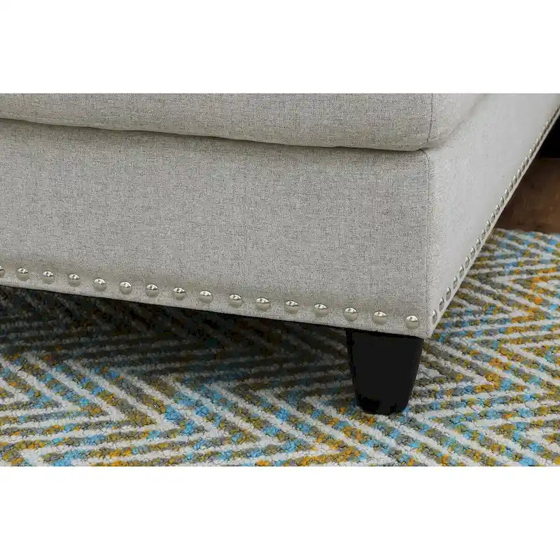 Divano sezionale a L bianco/beige, angolare sinistro, con penisola e pouf, 3-4 posti