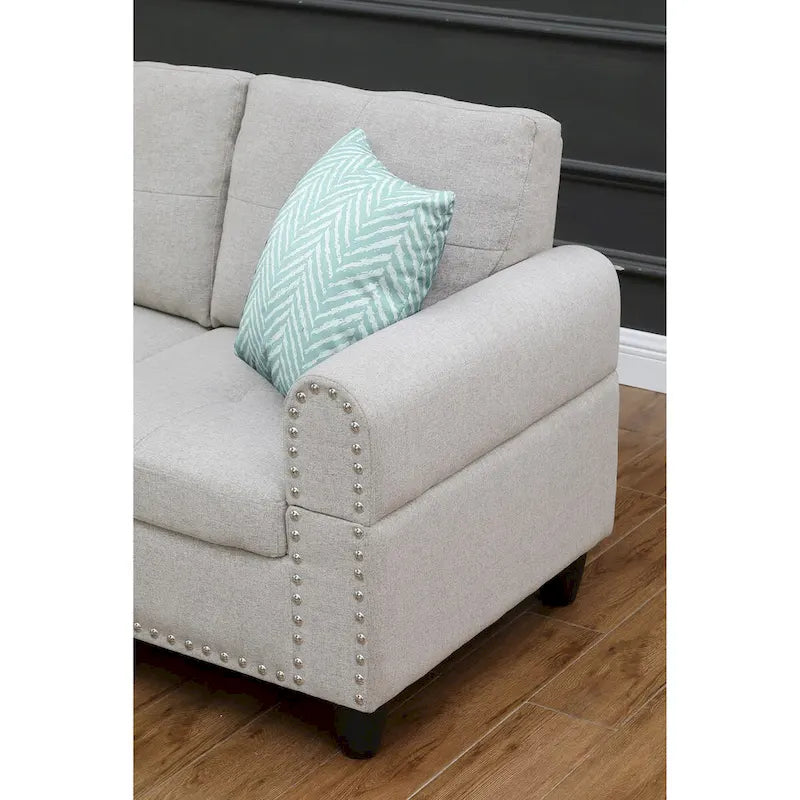 Divano sezionale a L bianco/beige, angolare sinistro, con penisola e pouf, 3-4 posti