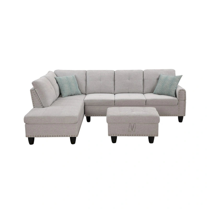 Divano sezionale a L bianco/beige, angolare sinistro, con penisola e pouf, 3-4 posti