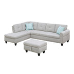 Divano sezionale a L bianco/beige, angolare sinistro, con penisola e pouf, 3-4 posti