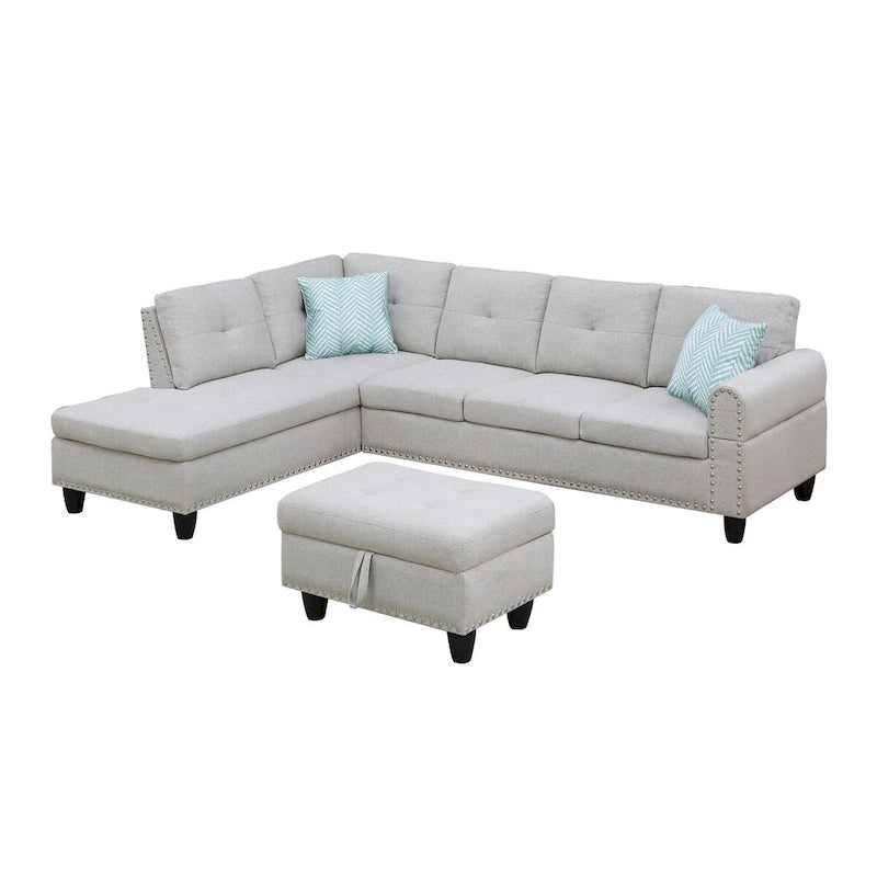 Divano sezionale a L bianco/beige, angolare sinistro, con penisola e pouf, 3-4 posti