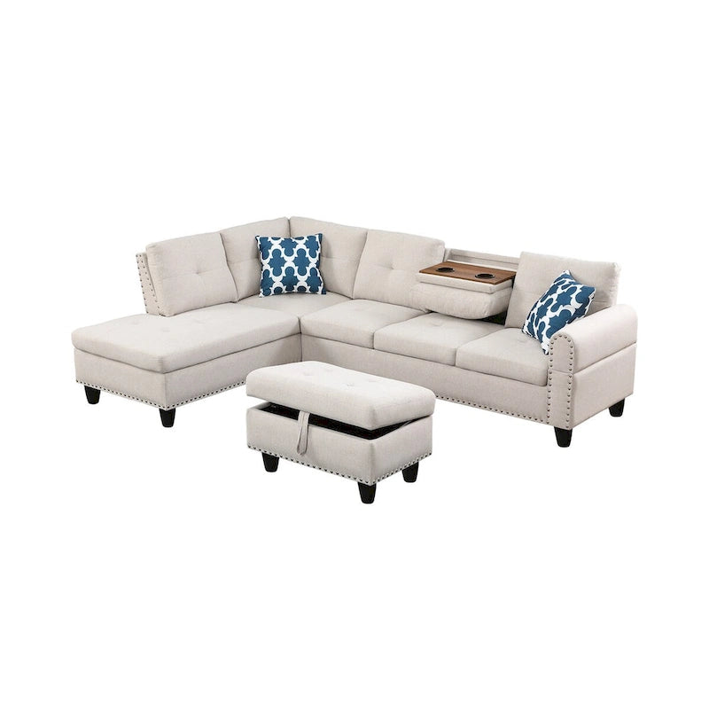 Divano sezionale a L bianco/beige, angolare sinistro, con penisola e pouf, 3-4 posti