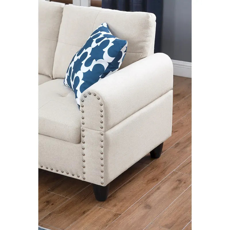 Divano sezionale a L bianco/beige, angolare sinistro, con penisola e pouf, 3-4 posti