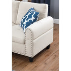 Divano sezionale a L bianco/beige, angolare sinistro, con penisola e pouf, 3-4 posti