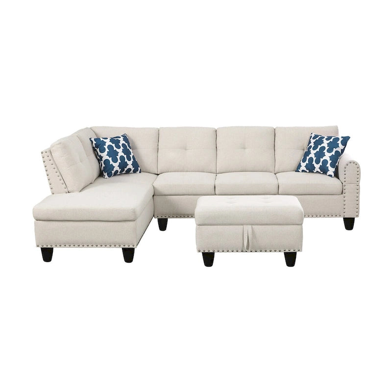 Divano sezionale a L bianco/beige, angolare sinistro, con penisola e pouf, 3-4 posti
