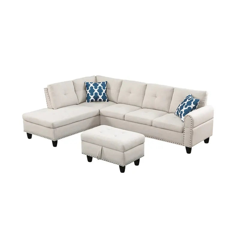 Divano sezionale a L bianco/beige, angolare sinistro, con penisola e pouf, 3-4 posti