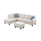Divano sezionale a L bianco/beige, angolare sinistro, con penisola e pouf, 3-4 posti